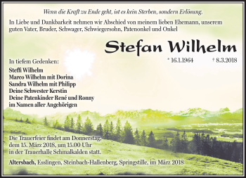 Traueranzeige von Stefan Wilhelm von Südthüringer Presse