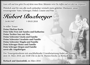 Traueranzeige von Hubert Boxberger von Südthüringer Presse