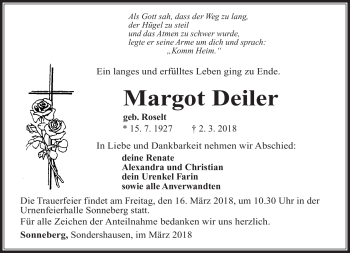 Traueranzeige von Margot Deiler von Südthüringer Presse