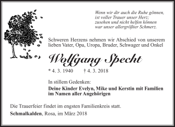 Traueranzeige von Wolfgang Specht von Südthüringer Presse