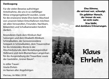 Traueranzeige von Klaus Ehrlein von Südthüringer Presse