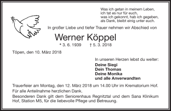 Traueranzeige von Werner Köppel von Frankenpost