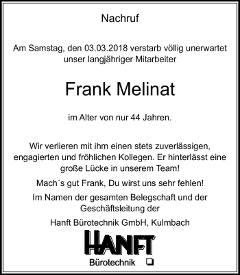 Traueranzeige von Frank Melinat von Frankenpost