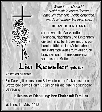 Traueranzeige von Lia Kessler von Südthüringer Presse