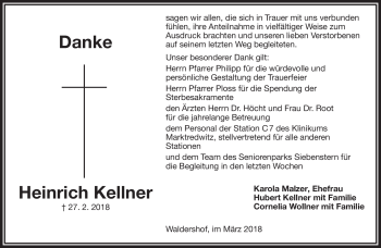 Traueranzeige von Heinrich Kellner von Frankenpost