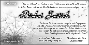 Traueranzeige von Bärbel Frölich von Südthüringer Presse