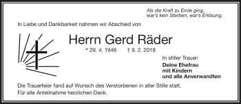 Traueranzeige von Gerd Räder von Frankenpost