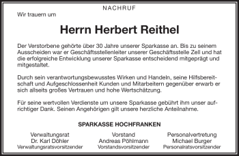 Traueranzeige von Herbert Reithel von Frankenpost