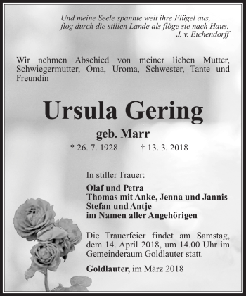 Traueranzeige von Ursula Gering von Südthüringer Presse