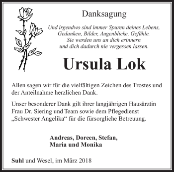 Traueranzeige von Ursula Lok von Südthüringer Presse