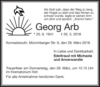 Traueranzeige von Georg Arb von Frankenpost