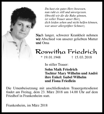 Traueranzeige von Roswitha Friedrich von Südthüringer Presse