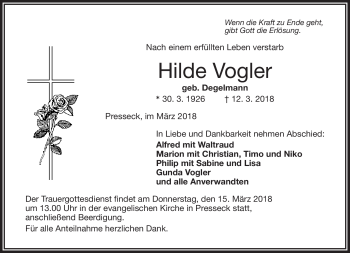 Traueranzeige von Hilde Vogler von Frankenpost
