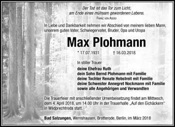 Traueranzeige von Max Plohmann von Südthüringer Presse