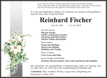 Traueranzeige von Reinhard Fischer von Südthüringer Presse