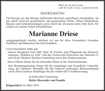 Traueranzeige von Marianne Driese von Südthüringer Presse