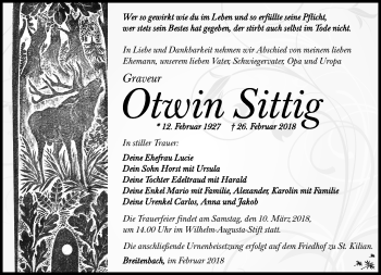 Traueranzeige von Otwin Sittig von Südthüringer Presse