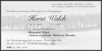 Traueranzeige von Horst Walch von Südthüringer Presse