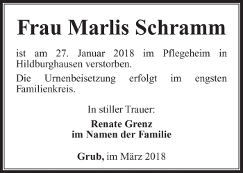 Traueranzeige von Marlis Schramm von Südthüringer Presse