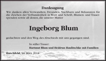 Traueranzeige von Ingeborg Blum von Südthüringer Presse