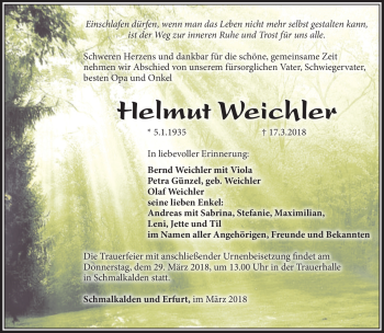 Traueranzeige von Helmut Weichler von Südthüringer Presse