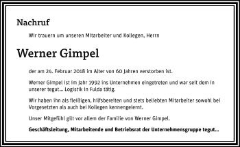 Traueranzeige von Werner Gimpel von Südthüringer Presse