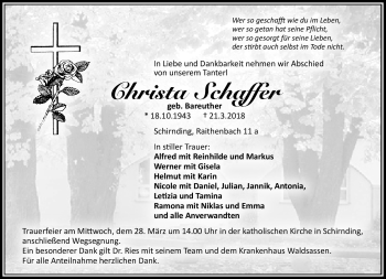 Traueranzeige von Christa Schaffer von Frankenpost