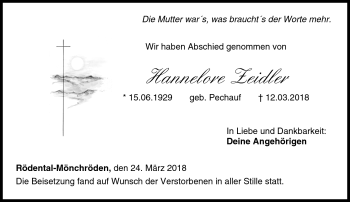 Traueranzeige von Hannelore Zeidler von Neue Presse Coburg