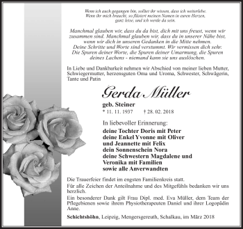 Traueranzeige von Gerda Müller von Südthüringer Presse