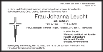 Traueranzeige von Johanna Leucht von Frankenpost