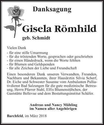 Traueranzeige von Gisela Römhild von Südthüringer Presse