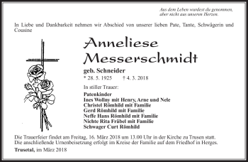 Traueranzeige von Anneliese Messerschmidt von Südthüringer Presse