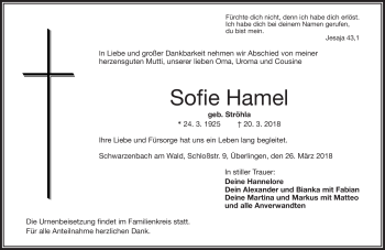Traueranzeige von Sofie Hamel von Frankenpost