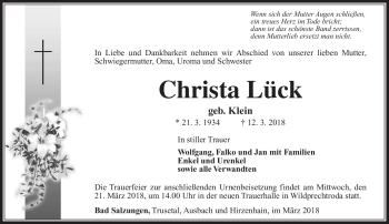 Traueranzeige von Christa Lück von Südthüringer Presse