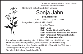 Traueranzeige von Sonja Jahn von Frankenpost