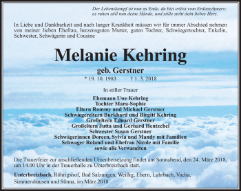 Traueranzeige von Melanie Kehring von Südthüringer Presse