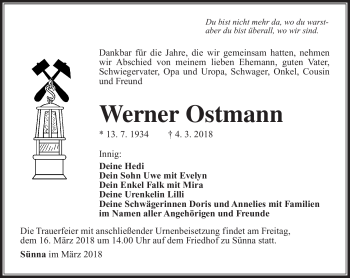 Traueranzeige von Werner Ostmann von Südthüringer Presse