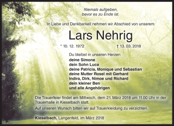 Traueranzeige von Lars Nehrig von Südthüringer Presse