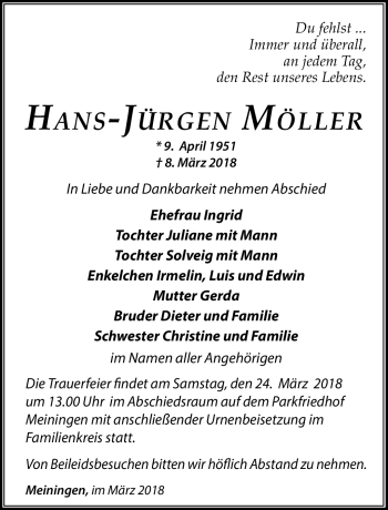 Traueranzeige von Hans-Jürgen Möller von Südthüringer Presse