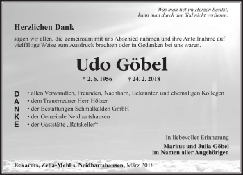Traueranzeige von Udo Göbel von Südthüringer Presse