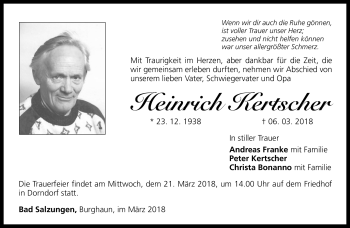 Traueranzeige von Heinrich Kertscher von Südthüringer Presse