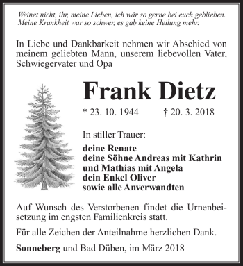 Traueranzeige von Frank Dietz von Südthüringer Presse