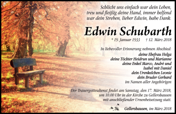 Traueranzeige von Edwin Schubarth von Südthüringer Presse