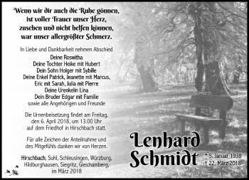 Traueranzeige von Lenhard Schmidt von Südthüringer Presse