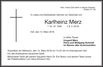 Traueranzeige von Karlheinz Merz von Frankenpost