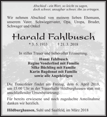 Traueranzeige von Harald Fahlbusch von Südthüringer Presse