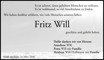 Traueranzeige von Fritz Will von Neue Presse Coburg