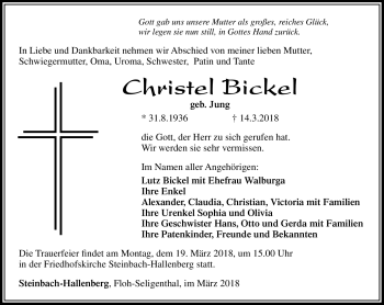 Traueranzeige von Christel Bickel von Südthüringer Presse