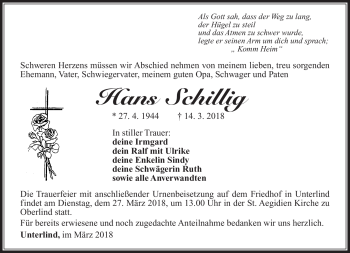Traueranzeige von Hans Schilling von Südthüringer Presse