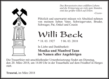 Traueranzeige von Willi Beck von Südthüringer Presse